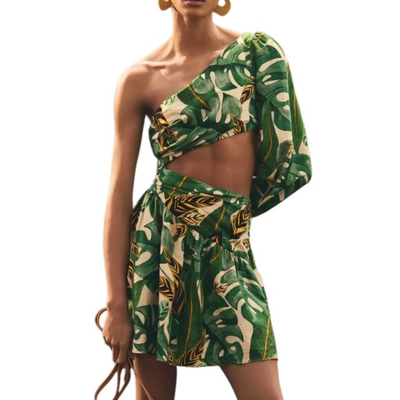 Farm Rio Tropical Leaves One-Shoulder Cutout Dress L Green Mini Anthropologie - Picture 1 of 14
